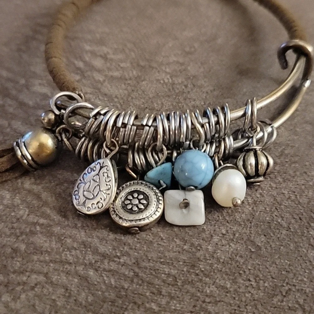 Brown Leather Wrapped Charm Bangle Western Cowgirl Bracelet